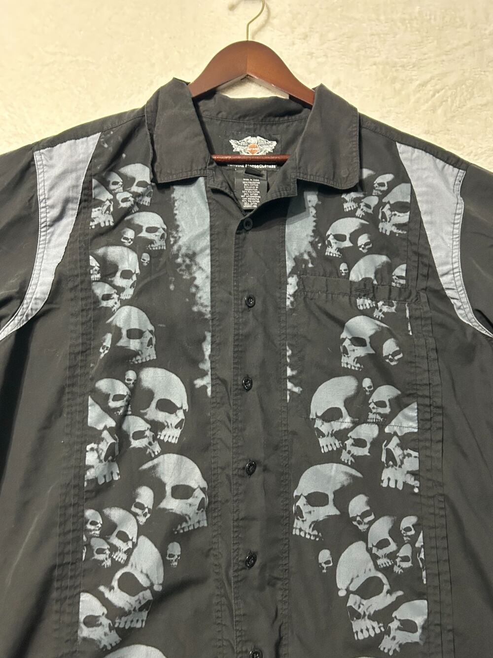 Harley Davidson Mens XL Black Short Sleeve Button Up Gray Skulls